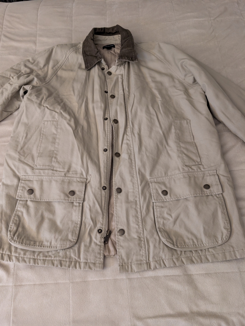 Lands' End Men's Light Beige Chore Jacket with Dark Brown Collar